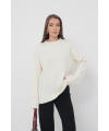 Kadın Oversize Ekru Bisiklet Yaka Pamuksu Dokulu  Uzun Kol Triko Kazak