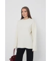Kadın Oversize Ekru Bisiklet Yaka Pamuksu Dokulu  Uzun Kol Triko Kazak