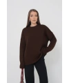 Kadın Oversize Acı Kahve Bisiklet Yaka Pamuksu Dokulu Uzun Kol Triko Kazak