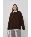 Kadın Oversize Acı Kahve Bisiklet Yaka Pamuksu Dokulu Uzun Kol Triko Kazak