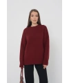 Kadın Oversize Bordo Bisiklet Yaka Pamuksu Dokulu Uzun Kol Triko Kazak