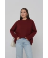 Kadın Oversize Bordo Bisiklet Yaka Pamuksu Dokulu Uzun Kol Triko Kazak