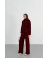 Kadın Bordo Dik Yaka Kuşaklı Premium Kalite Triko Hırka Bol Paça Pantolon Triko Takım