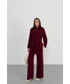 Kadın Bordo Dik Yaka Kuşaklı Premium Kalite Triko Hırka Bol Paça Pantolon Triko Takım