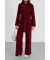 Kadın Bordo Dik Yaka Kuşaklı Premium Kalite Triko Hırka Bol Paça Pantolon Triko Takım