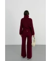 Kadın Bordo Dik Yaka Kuşaklı Premium Kalite Triko Hırka Bol Paça Pantolon Triko Takım