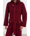 Kadın Bordo Dik Yaka Kuşaklı Premium Kalite Triko Hırka Bol Paça Pantolon Triko Takım