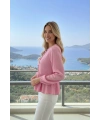 Kadın Şeker Pembe Fiyonk Detaylı Düğmeli Uzun Kol Gömlek Bluz