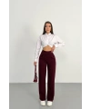 Kadın Bordo Yüksek Bel Likralı Cırt Bant Kapamalı Geniş Paça Palazzo Pantolon