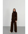 Kadın Acı Kahverengi Dik Yaka Kuşaklı Premium Kalite Triko Hırka Bol Paça Pantolon Triko Takım
