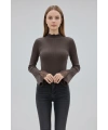 Kadın Acı Kahve Yarım Balıkçı Yaka Dantel Kol Detaylı Fitilli Triko Bluz (S/M Beden)
