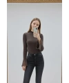 Kadın Acı Kahve Yarım Balıkçı Yaka Dantel Kol Detaylı Fitilli Triko Bluz (S/M Beden)