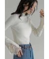 Kadın Beyaz Yarım Balıkçı Yaka Dantel Kol Detaylı Fitilli Triko Bluz (S/M Beden)