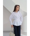 Kadın Beyaz Şık Belden Oturmalı Pensli Uzun Kol Gömlek