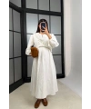 Kadın Ekru Çiçek Nakışlı Gömlek Beli Lastikli Etek Bluz İkili Takım