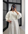 Kadın Ekru Çiçek Nakışlı Gömlek Beli Lastikli Etek Bluz İkili Takım