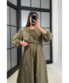 Kadın Haki Çiçek Nakışlı Gömlek Beli Lastikli Etek Bluz İkili Takım