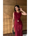 Kadın Bordo Şık Kemer Detaylı Kolsuz Slim Midi Boy elbise
