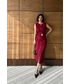Kadın Bordo Şık Kemer Detaylı Kolsuz Slim Midi Boy elbise