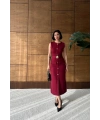 Kadın Bordo Şık Kemer Detaylı Kolsuz Slim Midi Boy elbise