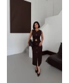 Kadın Kahverengi Şık Kemer Detaylı Kolsuz Slim Midi Boy elbise