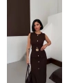 Kadın Kahverengi Şık Kemer Detaylı Kolsuz Slim Midi Boy elbise