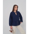 Kadın Lacivert Müslin Kumaş Yakası Bağcıklı Önü Düğmeli Volanlı Gömlek Bluz