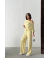 Kadın Yaz Sarısı Yumuşacık Yarasa Kol Bluzlu Beli Bağcıklı Geniş Paça İkili Takım
