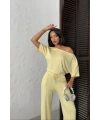 Kadın Yaz Sarısı Yumuşacık Yarasa Kol Bluzlu Beli Bağcıklı Geniş Paça İkili Takım
