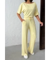 Kadın Yaz Sarısı Yumuşacık Yarasa Kol Bluzlu Beli Bağcıklı Geniş Paça İkili Takım