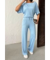 Kadın Yaz Mavisi Yumuşacık Yarasa Kol Bluzlu Beli Bağcıklı Geniş Paça İkili Takım