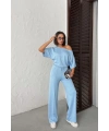Kadın Yaz Mavisi Yumuşacık Yarasa Kol Bluzlu Beli Bağcıklı Geniş Paça İkili Takım