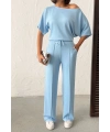 Kadın Yaz Mavisi Yumuşacık Yarasa Kol Bluzlu Beli Bağcıklı Geniş Paça İkili Takım