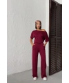 Kadın Bordo Yumuşacık Yarasa Kol Bluzlu Beli Bağcıklı Geniş Paça İkili Takım