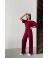 Kadın Bordo Yumuşacık Yarasa Kol Bluzlu Beli Bağcıklı Geniş Paça İkili Takım
