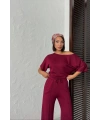 Kadın Bordo Yumuşacık Yarasa Kol Bluzlu Beli Bağcıklı Geniş Paça İkili Takım
