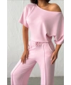 Kadın Şeker Pembe Yumuşacık Yarasa Kol Bluzlu Beli Bağcıklı Geniş Paça İkili Takım