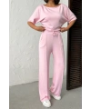 Kadın Şeker Pembe Yumuşacık Yarasa Kol Bluzlu Beli Bağcıklı Geniş Paça İkili Takım