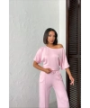Kadın Şeker Pembe Yumuşacık Yarasa Kol Bluzlu Beli Bağcıklı Geniş Paça İkili Takım