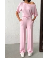 Kadın Şeker Pembe Yumuşacık Yarasa Kol Bluzlu Beli Bağcıklı Geniş Paça İkili Takım