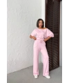 Kadın Şeker Pembe Yumuşacık Yarasa Kol Bluzlu Beli Bağcıklı Geniş Paça İkili Takım
