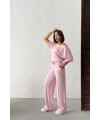 Kadın Şeker Pembe Yumuşacık Yarasa Kol Bluzlu Beli Bağcıklı Geniş Paça İkili Takım