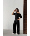 Kadın Siyah Yumuşacık Yarasa Kol Bluzlu Beli Bağcıklı Geniş Paça İkili Takım