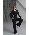 Kadın Siyah Cıtcıt Detaylı Polo Yaka Bluz Geniş Paça Pantolon Alt Üst İkili Triko Takım