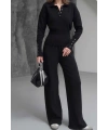Kadın Siyah Cıtcıt Detaylı Polo Yaka Bluz Geniş Paça Pantolon Alt Üst İkili Triko Takım