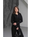 Kadın Siyah Cıtcıt Detaylı Polo Yaka Bluz Geniş Paça Pantolon Alt Üst İkili Triko Takım