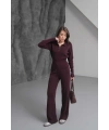 Kadın Acı Kahverengi Cıtcıt Detaylı Polo Yaka Bluz Geniş Paça Pantolon Alt Üst İkili Triko Takım