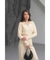 Kadın Bej  Cıtcıt Detaylı Polo Yaka Bluz Geniş Paça Pantolon Alt Üst İkili Triko Takım
