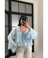Kadın Mavi Fırfır Detaylı Transparan Bluz