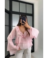 Kadın Pembe Fırfır Detaylı Transparan Bluz